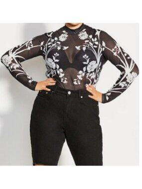 BNWT City Chic Women's Plus Size Sheer Fitted Floral Bodysuit w/ Long Sleeves